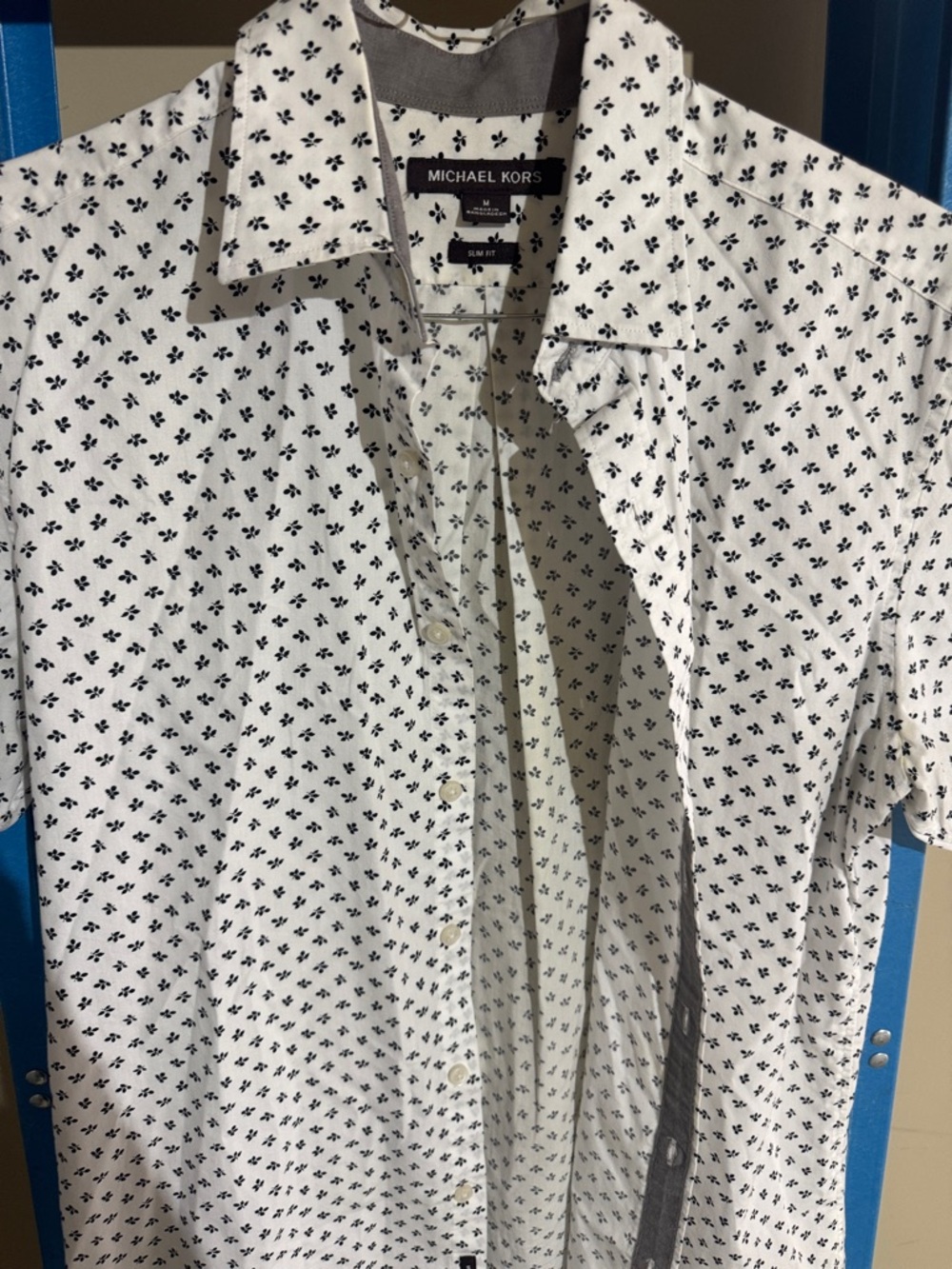 Michael Kors White Short-Sleeve Button-Down Shirt with Black Microprint